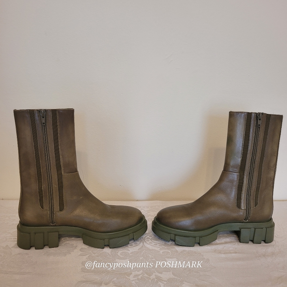 new!FREE PEOPLE olive green soft leather combat boot lug sole zipper elastic lux - Picture 11 of 17
